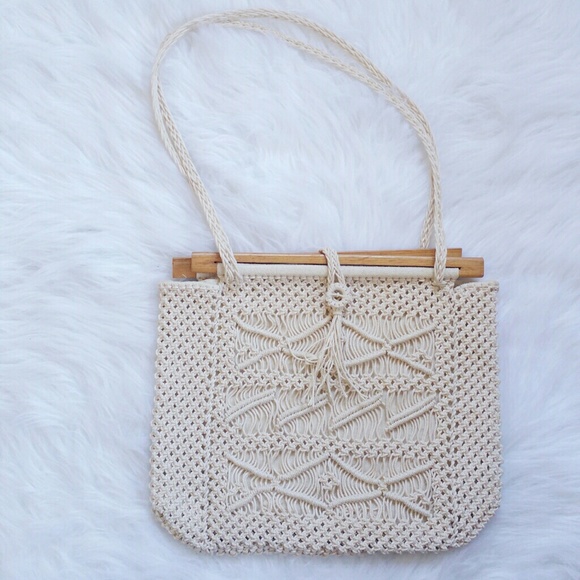 Handbags - Cream Macrame and Wood Purse